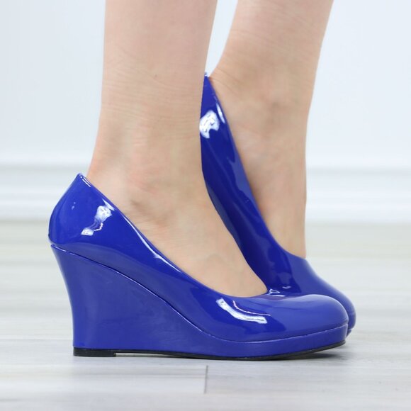 Blue Patent Close Rounded Toe Wedge Heel Rockabilly Style Shoe - Picture 2 of 14